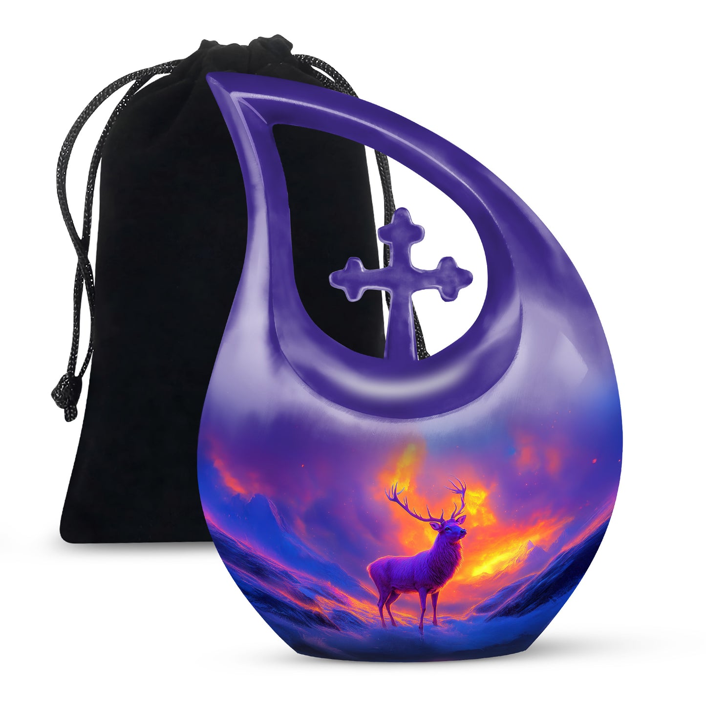 Orchid Purple Deer Cremation Urn top-down view of secure threaded lid - cross and deer combined in spiritual memorial design - full-size 10 inch 200 cubic inch adult cremation urn