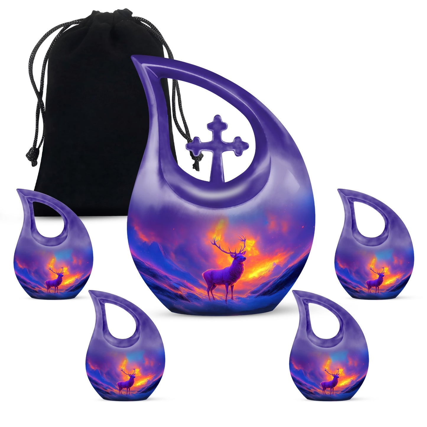 Majestic Purple Deer Cremation Urn urn with complimentary velvet bag - sacred cross merged with deer motif on metal - memorial set with one large and four small urns