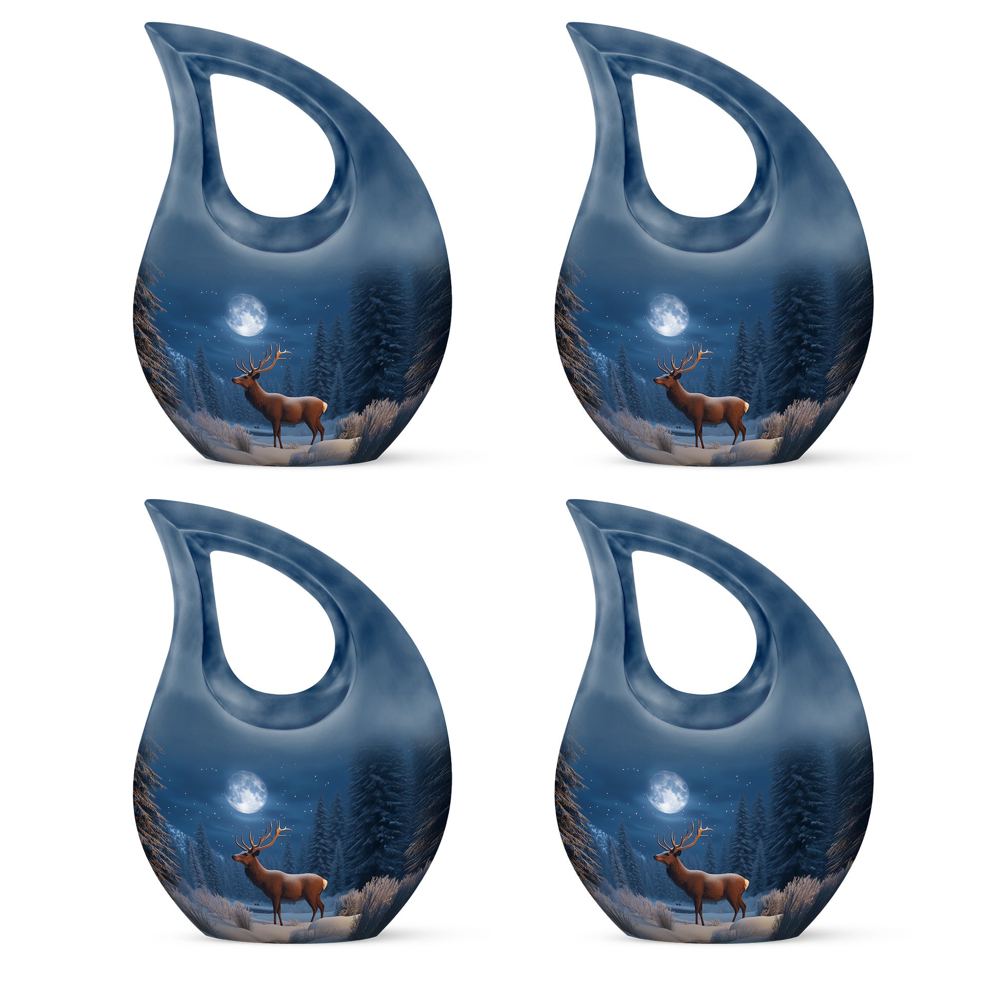 Vivid Blue Deer Cremation Urn lifestyle display on memorial shelf - devotional cross-drop deer engraving - 10 inch aluminum urn for cremated remains