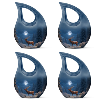 Vivid Blue Deer Cremation Urn lifestyle display on memorial shelf - devotional cross-drop deer engraving - 10 inch aluminum urn for cremated remains