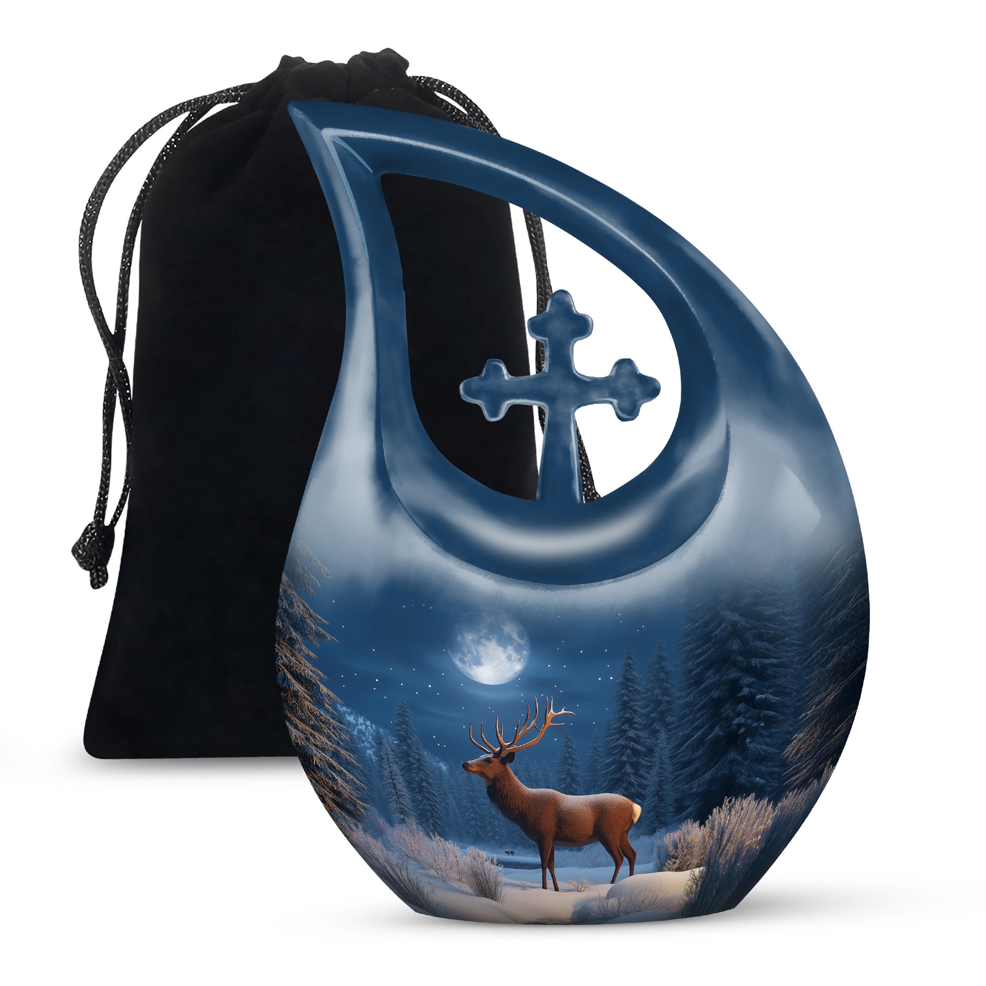 Calming Blue Deer Cremation Urn top-down view of secure threaded lid - faith-inspired cross-drop urn with deer pattern - full-size 10 inch 200 cubic inch adult cremation urn