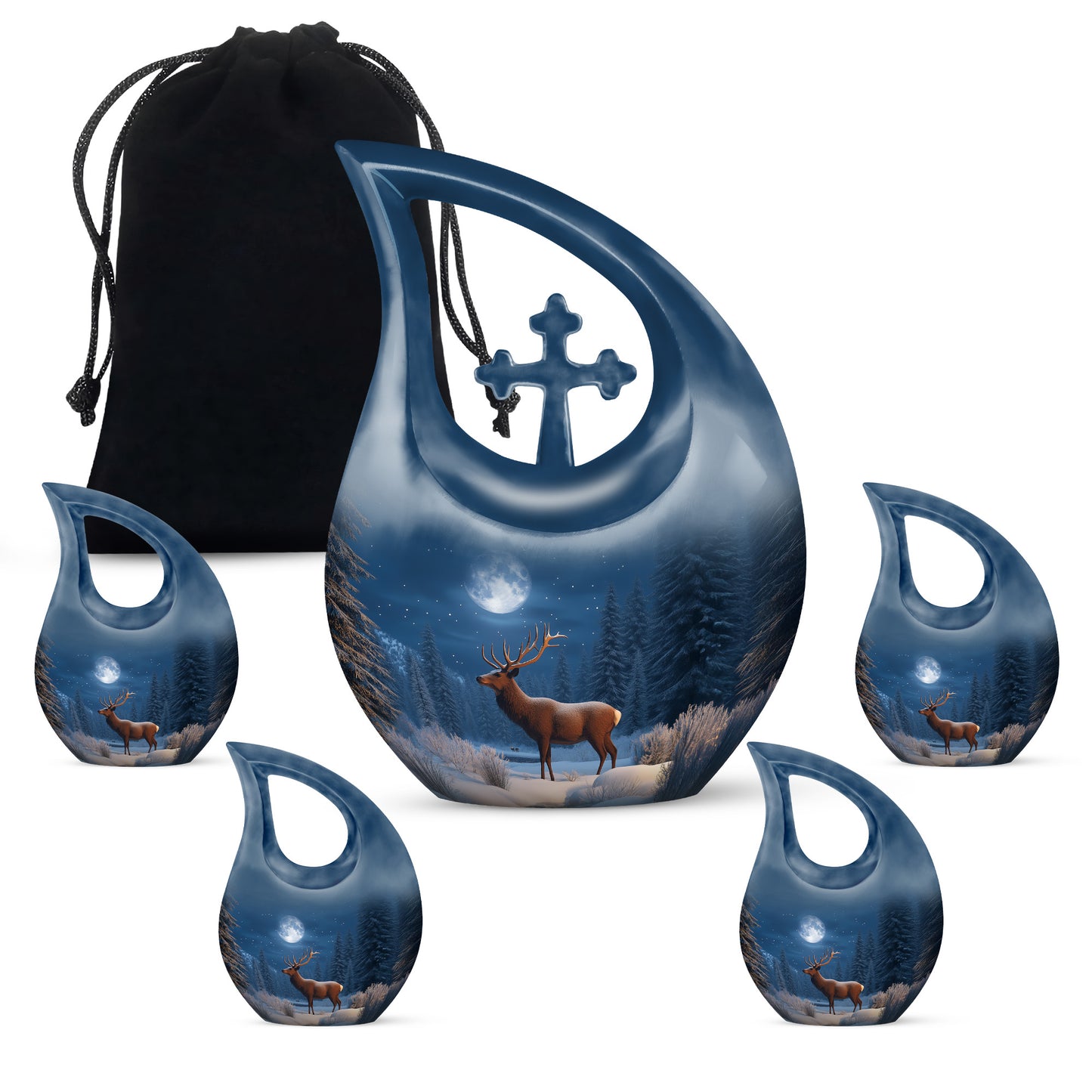Pastel Blue Deer Cremation Urn urn with complimentary velvet bag - cross and deer combined in spiritual memorial design - memorial set with one large and four small urns