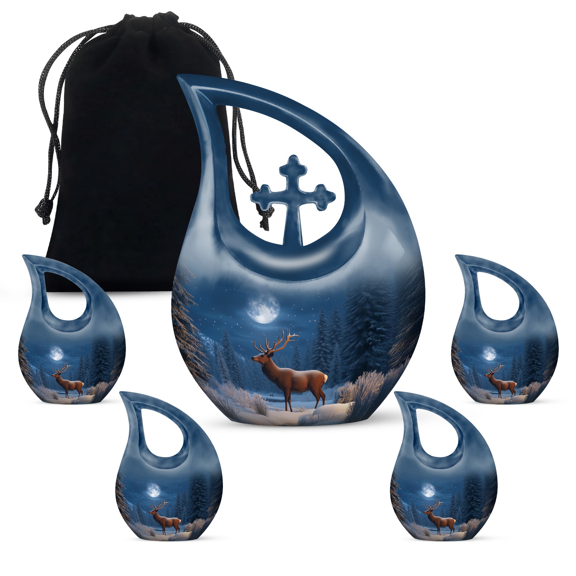 Pastel Blue Deer Cremation Urn urn with complimentary velvet bag - cross and deer combined in spiritual memorial design - memorial set with one large and four small urns
