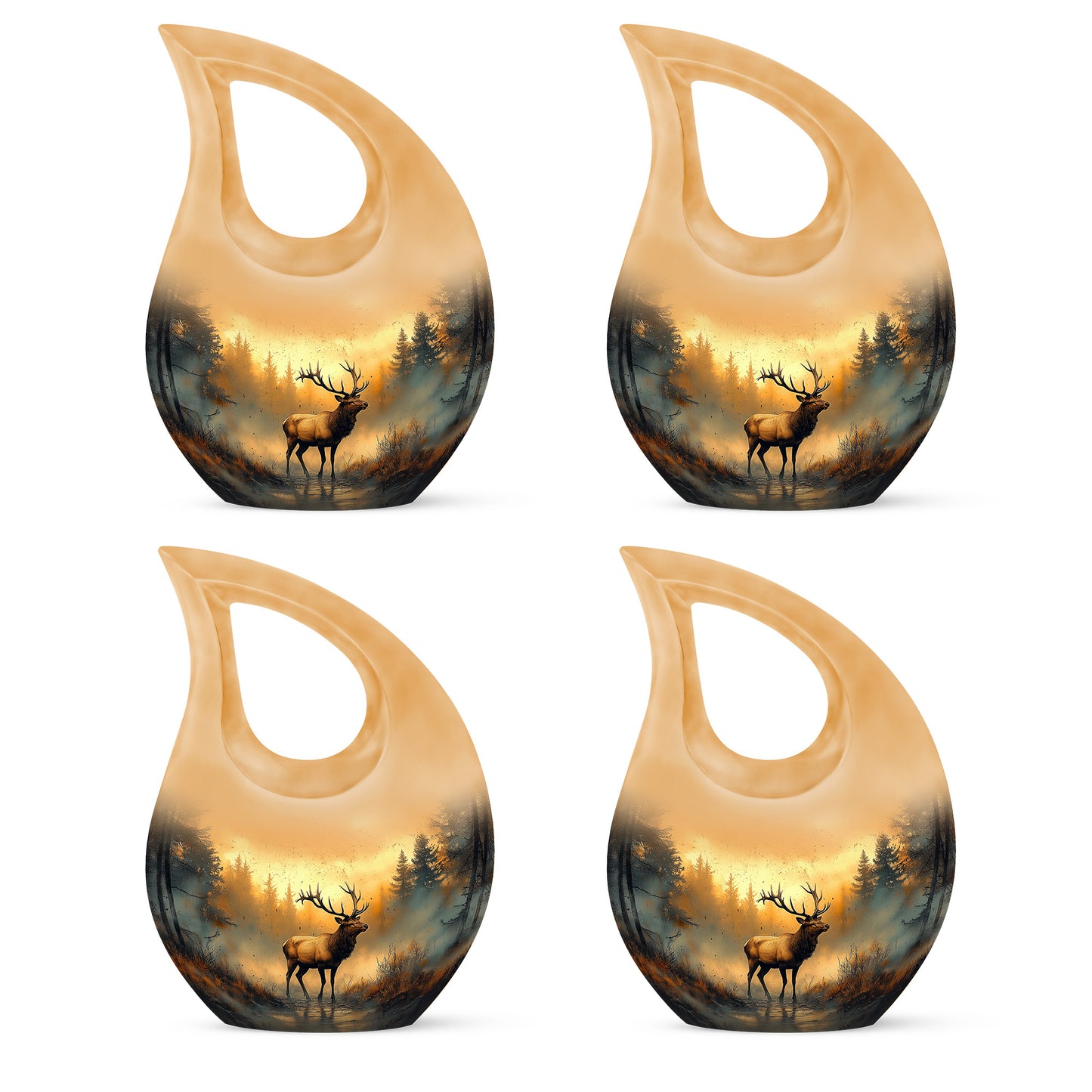 Warm Gold Deer Cremation Urn lifestyle display on memorial shelf - faith-inspired cross-drop urn with deer pattern - 10 inch aluminum urn for cremated remains