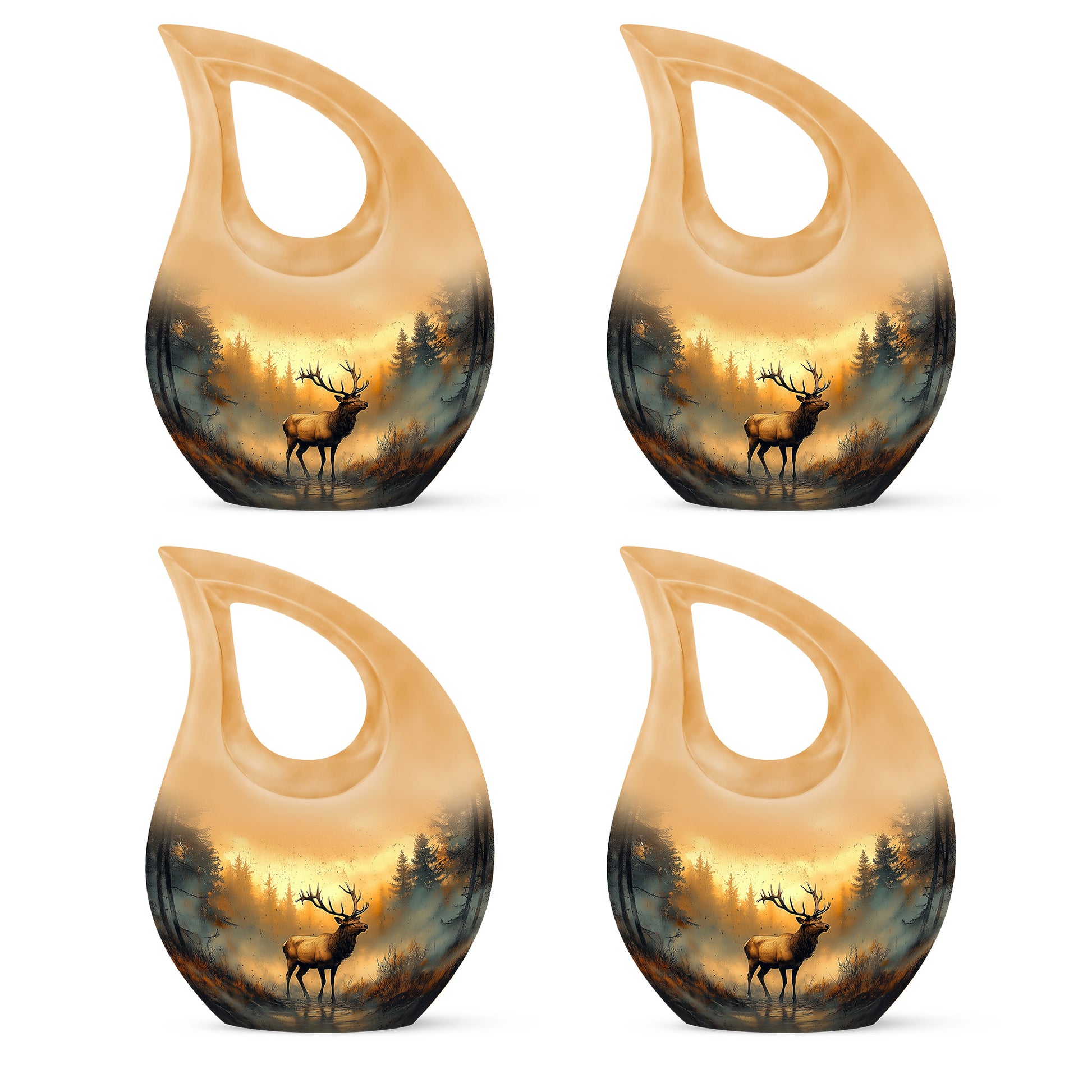 Warm Gold Deer Cremation Urn lifestyle display on memorial shelf - faith-inspired cross-drop urn with deer pattern - 10 inch aluminum urn for cremated remains