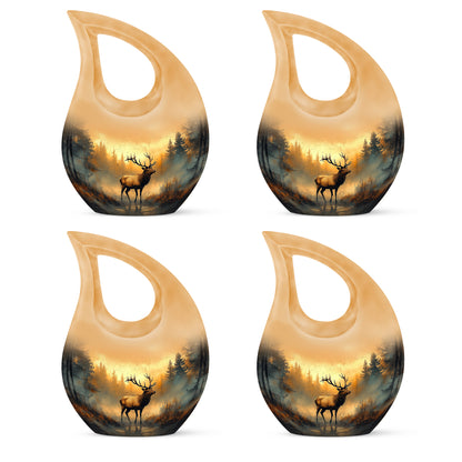Warm Gold Deer Cremation Urn lifestyle display on memorial shelf - faith-inspired cross-drop urn with deer pattern - 10 inch aluminum urn for cremated remains