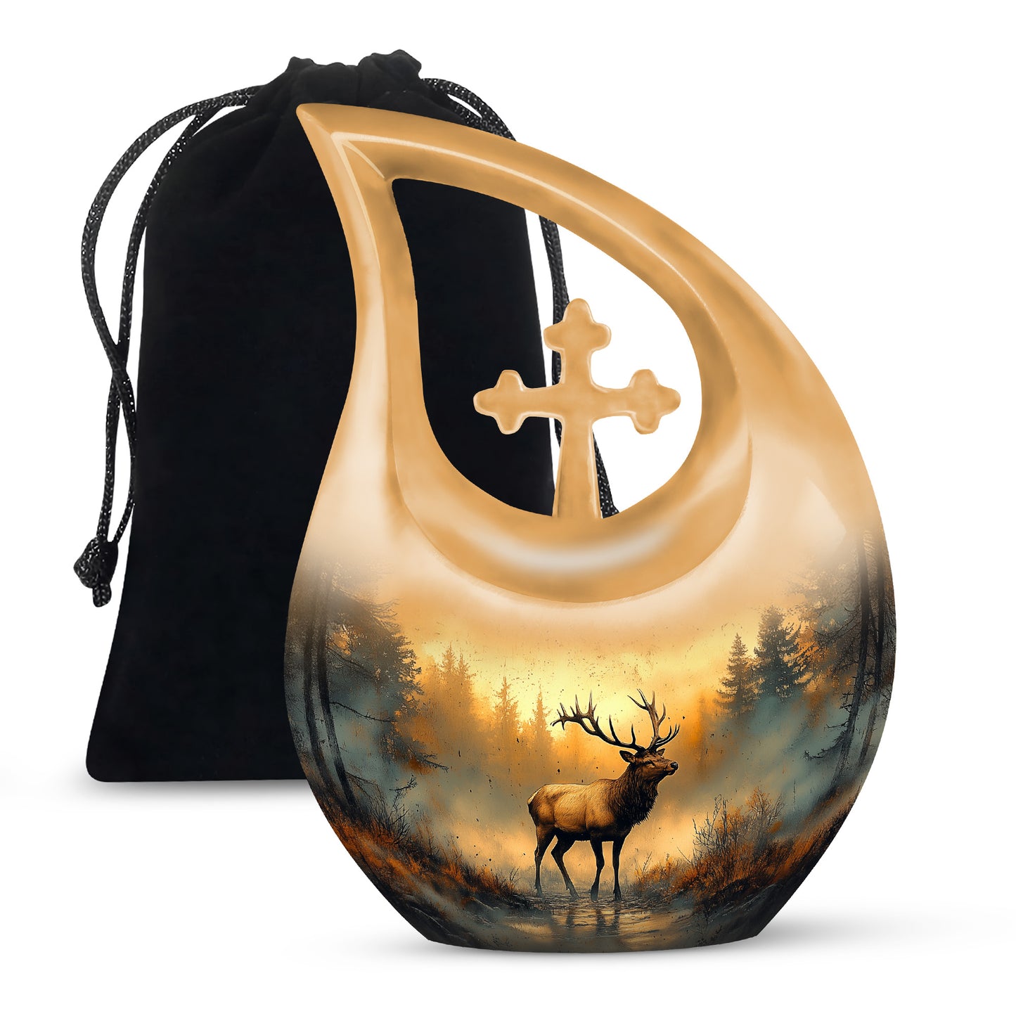 Amber Gold Deer Cremation Urn top-down view of secure threaded lid - sacred cross merged with deer motif on metal - full-size 10 inch 200 cubic inch adult cremation urn