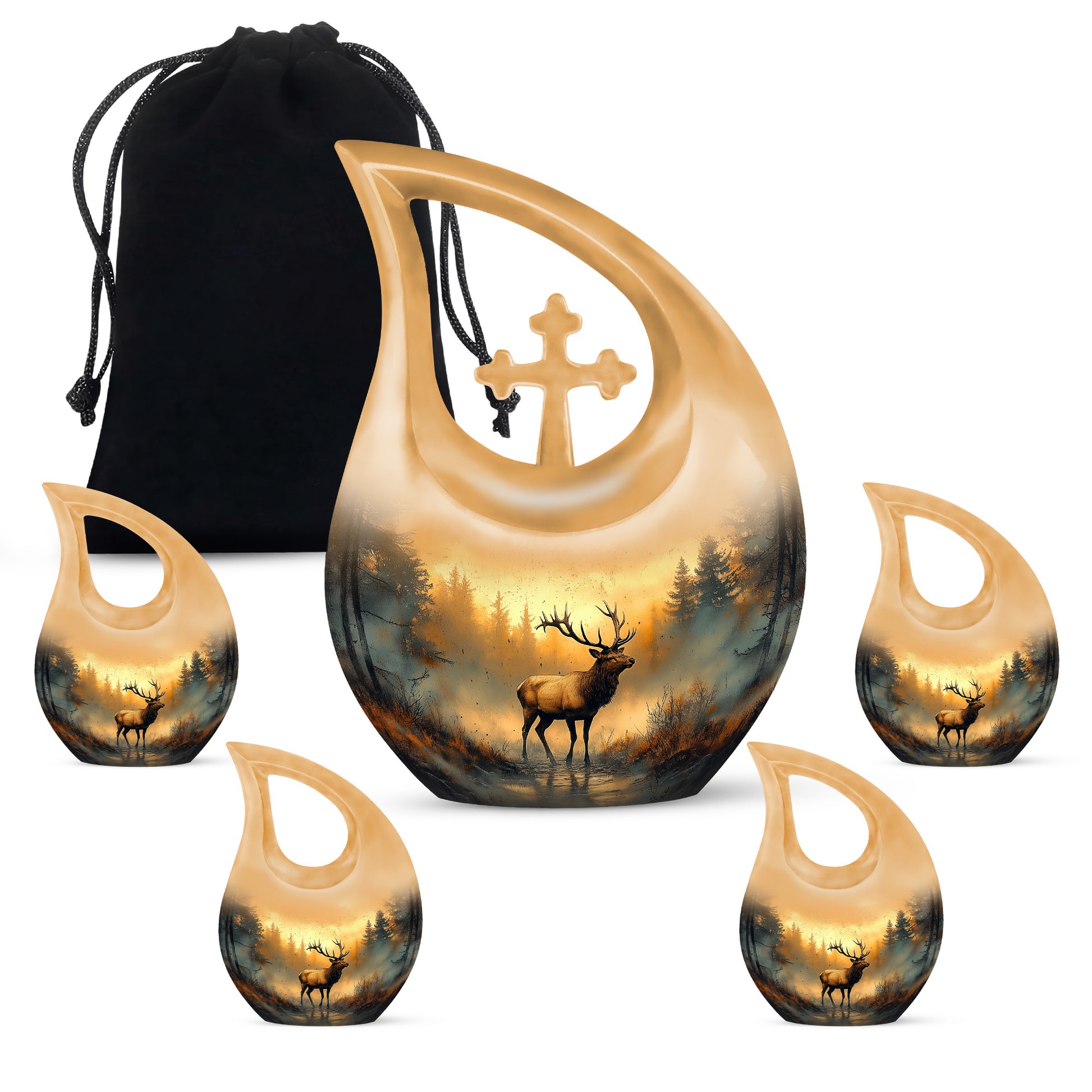 Burnished Gold Deer Cremation Urn urn with complimentary velvet bag - faith-inspired cross-drop urn with deer pattern - memorial set with one large and four small urns
