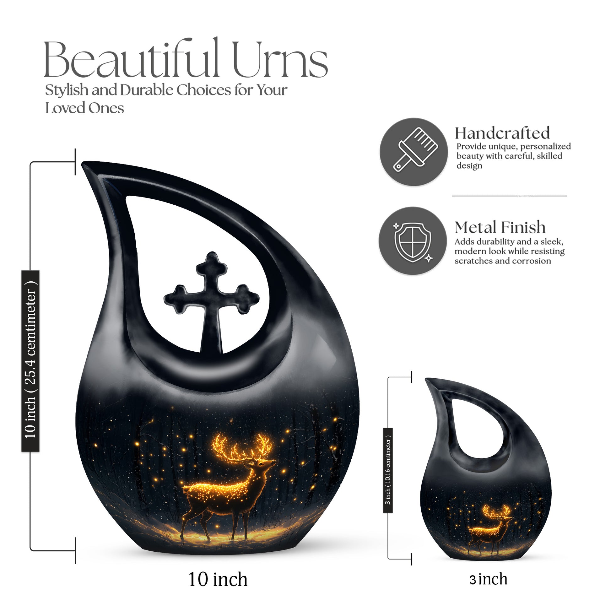 Midnight Black Deer Cremation Urn back view with polished surface - faith-inspired cross-drop urn with deer pattern - mini keepsake memorial for portion of cremation ashes