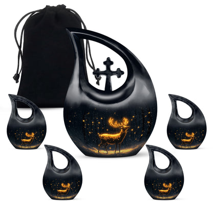 Glossy Black Deer Cremation Urn urn with complimentary velvet bag - cross and deer combined in spiritual memorial design - memorial set with one large and four small urns