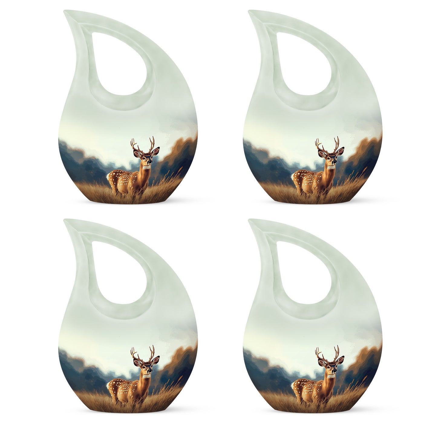 Brushed Silver Deer Cremation Urn lifestyle display on memorial shelf - cross and deer combined in spiritual memorial design - 10 inch aluminum urn for cremated remains