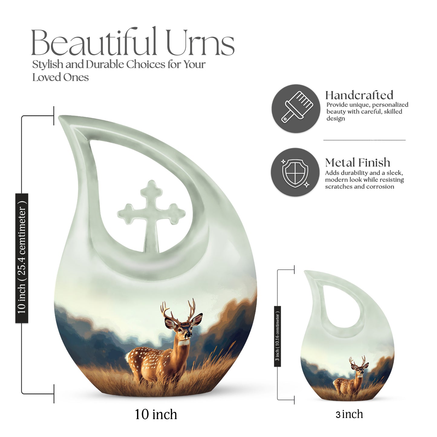 Sterling Silver Deer Cremation Urn back view with polished surface - cross and deer combined in spiritual memorial design - mini keepsake memorial for portion of cremation ashes