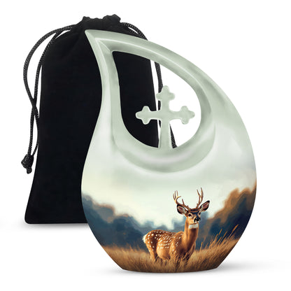 Platinum Silver Deer Cremation Urn top-down view of secure threaded lid - sacred cross merged with deer motif on metal - full-size 10 inch 200 cubic inch adult cremation urn