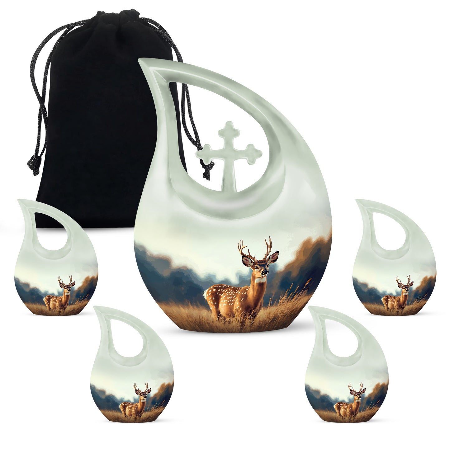 Chrome Silver Deer Cremation Urn urn with complimentary velvet bag - devotional cross-drop deer engraving - memorial set with one large and four small urns