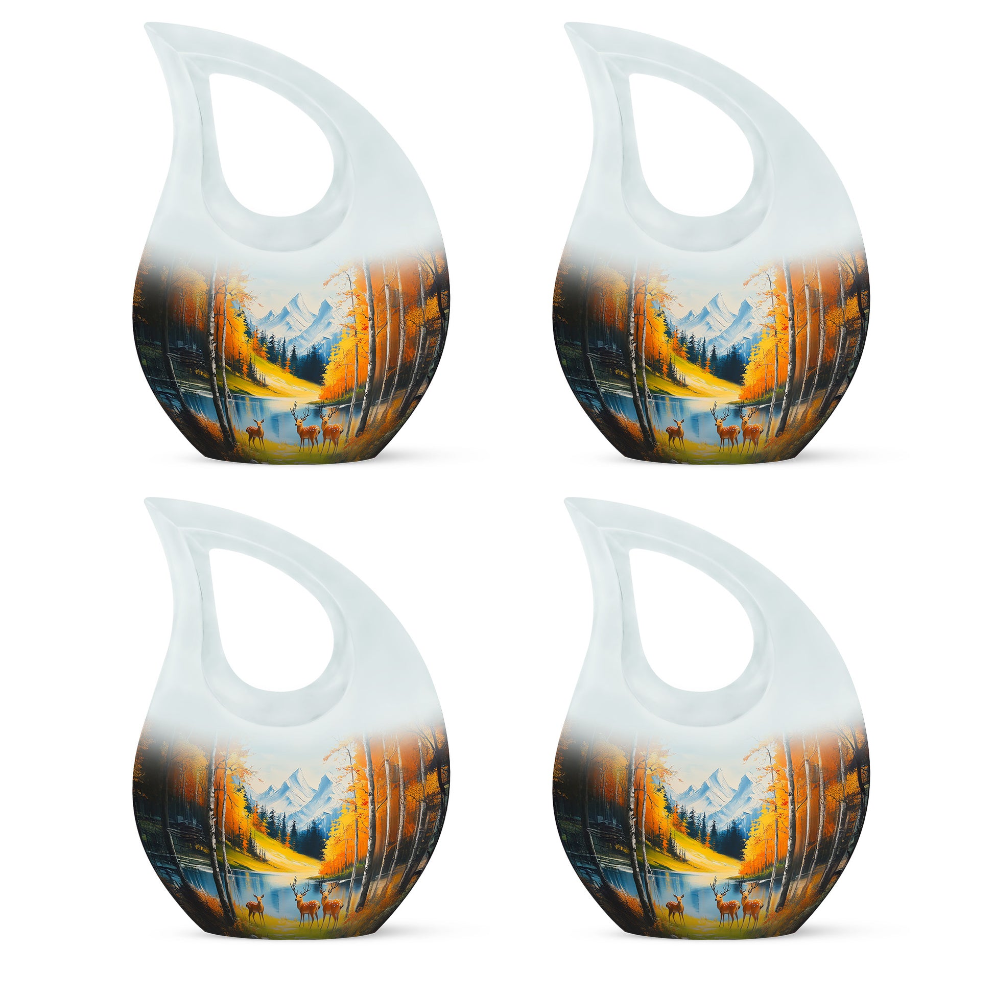 Vivid Teal Deer Cremation Urn lifestyle display on memorial shelf - faith-inspired cross-drop urn with deer pattern - 10 inch aluminum urn for cremated remains