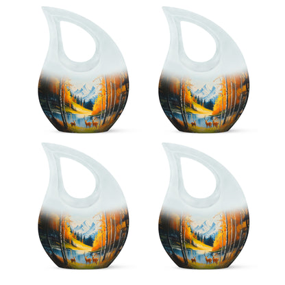Vivid Teal Deer Cremation Urn lifestyle display on memorial shelf - faith-inspired cross-drop urn with deer pattern - 10 inch aluminum urn for cremated remains