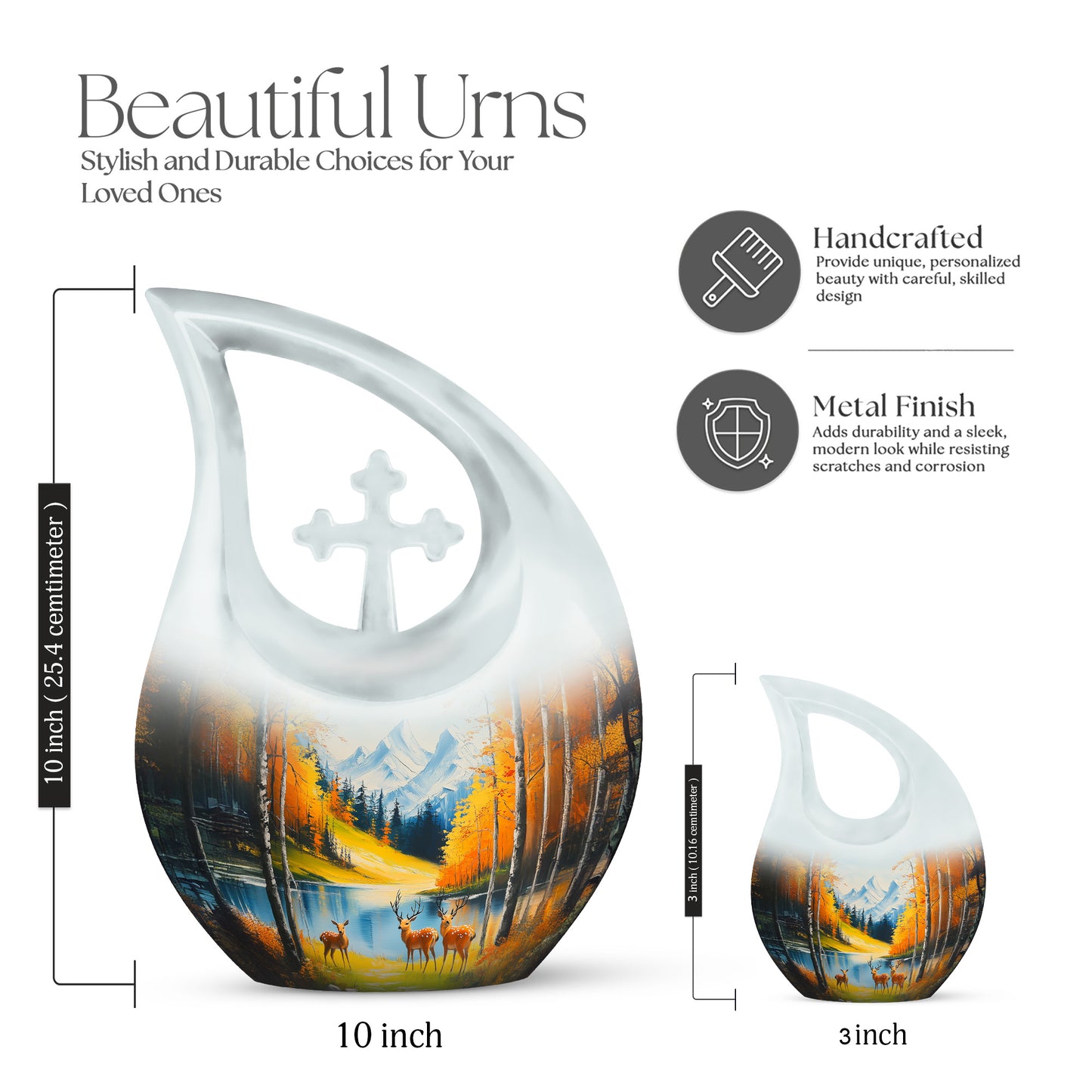 Mystic Teal Deer Cremation Urn back view with polished surface - faith-inspired cross-drop urn with deer pattern - mini keepsake memorial for portion of cremation ashes