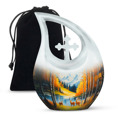 Cool Teal Deer Cremation Urn top-down view of secure threaded lid - cross and deer combined in spiritual memorial design - full-size 10 inch 200 cubic inch adult cremation urn