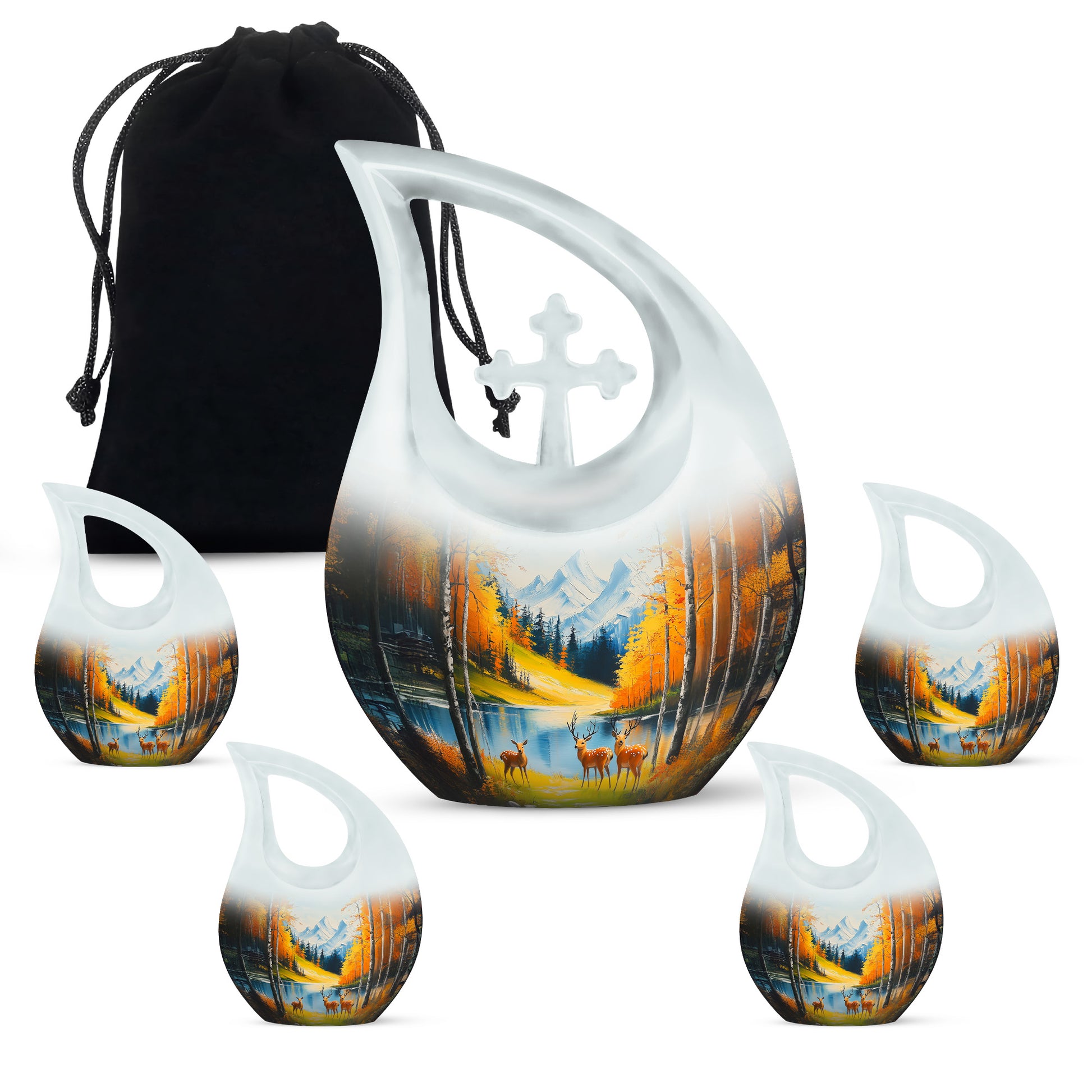 Soft Teal Deer Cremation Urn urn with complimentary velvet bag - sacred cross merged with deer motif on metal - memorial set with one large and four small urns