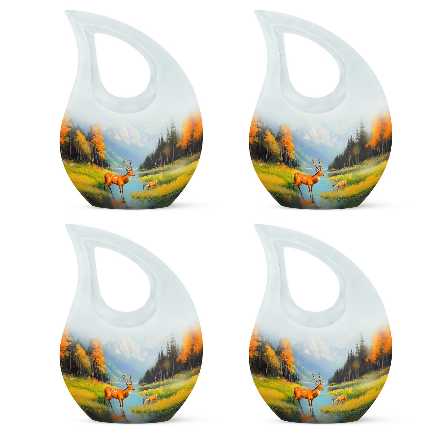 Celestial Blue Deer Cremation Urn lifestyle display on memorial shelf - cross and deer combined in spiritual memorial design - 10 inch aluminum urn for cremated remains