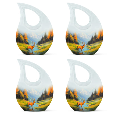 Celestial Blue Deer Cremation Urn lifestyle display on memorial shelf - cross and deer combined in spiritual memorial design - 10 inch aluminum urn for cremated remains