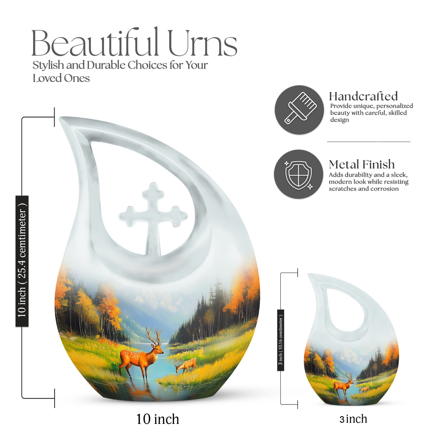 Pastel Blue Deer Cremation Urn back view with polished surface - cross and deer combined in spiritual memorial design - mini keepsake memorial for portion of cremation ashes