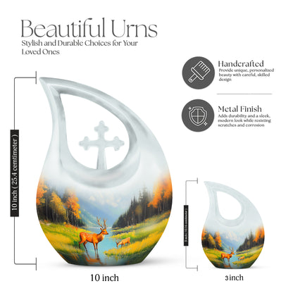 Pastel Blue Deer Cremation Urn back view with polished surface - cross and deer combined in spiritual memorial design - mini keepsake memorial for portion of cremation ashes