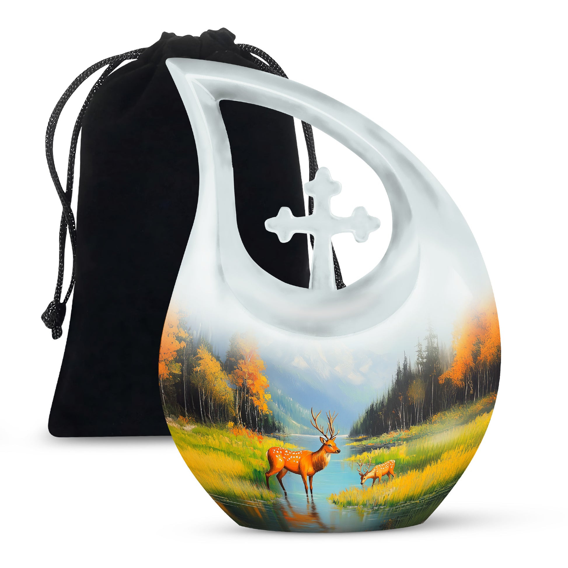 Sapphire Blue Deer Cremation Urn top-down view of secure threaded lid - faith-inspired cross-drop urn with deer pattern - full-size 10 inch 200 cubic inch adult cremation urn