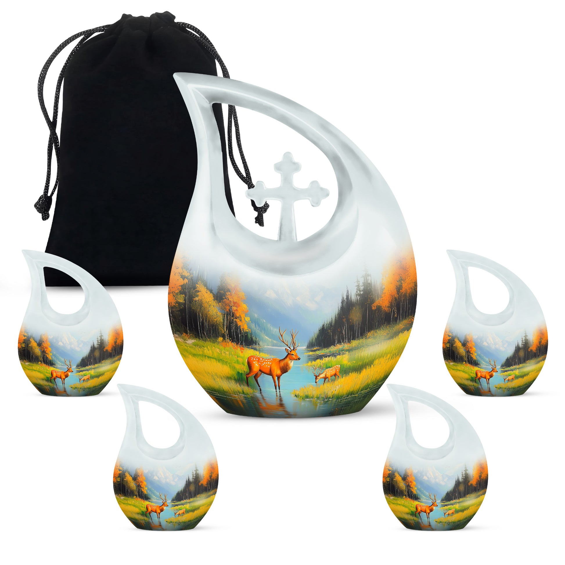 Twilight Blue Deer Cremation Urn urn with complimentary velvet bag - faith-inspired cross-drop urn with deer pattern - memorial set with one large and four small urns