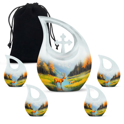 Twilight Blue Deer Cremation Urn urn with complimentary velvet bag - faith-inspired cross-drop urn with deer pattern - memorial set with one large and four small urns