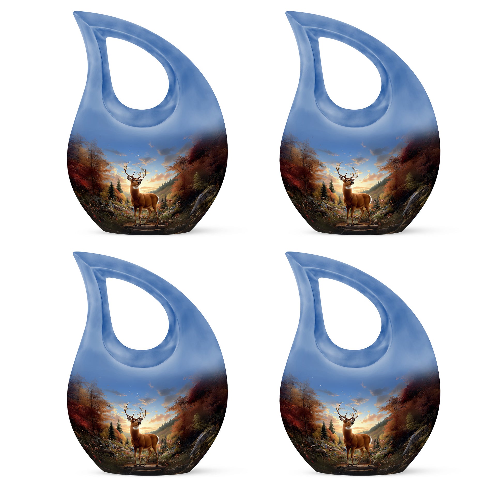 Cobalt Blue Deer Cremation Urn lifestyle display on memorial shelf - faith-inspired cross-drop urn with deer pattern - 10 inch aluminum urn for cremated remains