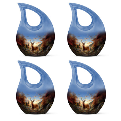 Cobalt Blue Deer Cremation Urn lifestyle display on memorial shelf - faith-inspired cross-drop urn with deer pattern - 10 inch aluminum urn for cremated remains