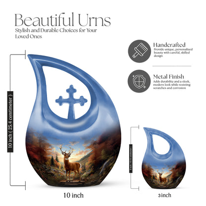Icy Blue Deer Cremation Urn back view with polished surface - cross and deer combined in spiritual memorial design - mini keepsake memorial for portion of cremation ashes