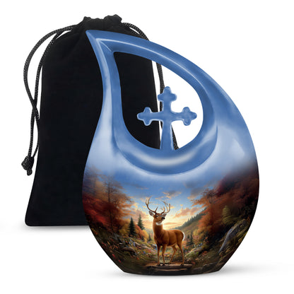 Icy Blue Deer Cremation Urn top-down view of secure threaded lid - sacred cross merged with deer motif on metal - full-size 10 inch 200 cubic inch adult cremation urn