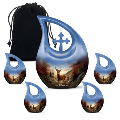 Indigo Deer Cremation Urn urn with complimentary velvet bag - cross and deer combined in spiritual memorial design - memorial set with one large and four small urns