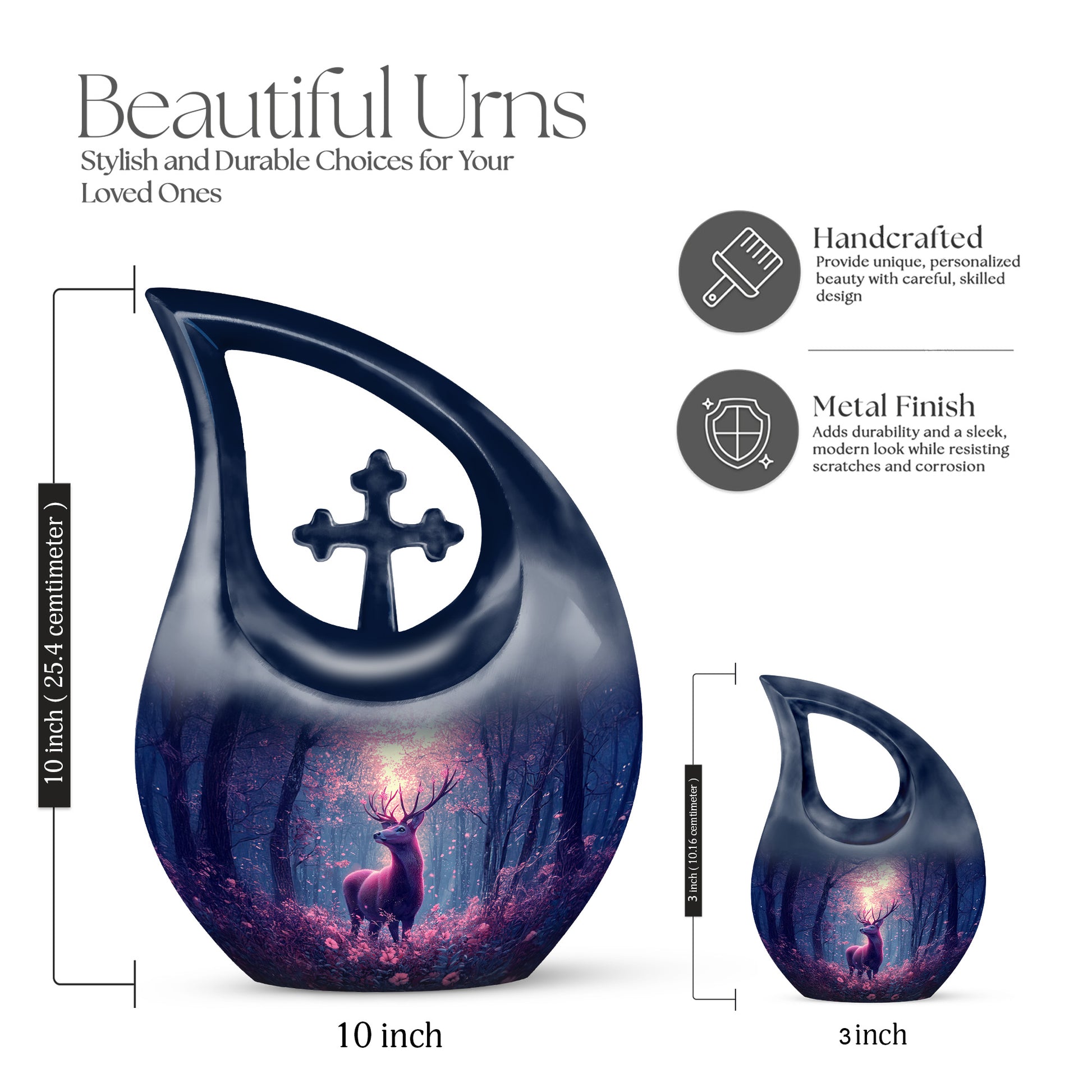 Steel Blue Deer Cremation Urn back view with polished surface - devotional cross-drop deer engraving - mini keepsake memorial for portion of cremation ashes