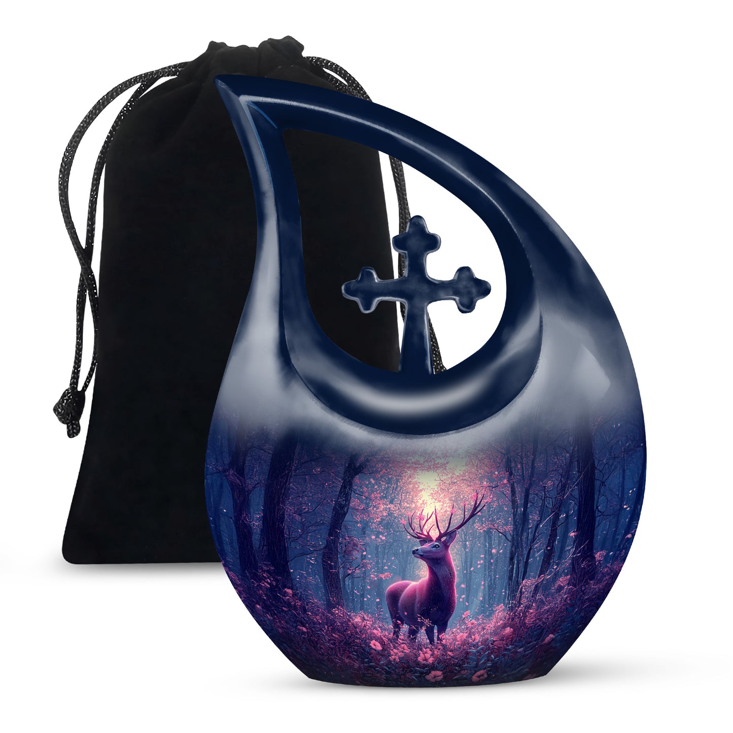 Royal Blue Deer Cremation Urn top-down view of secure threaded lid - devotional cross-drop deer engraving - full-size 10 inch 200 cubic inch adult cremation urn