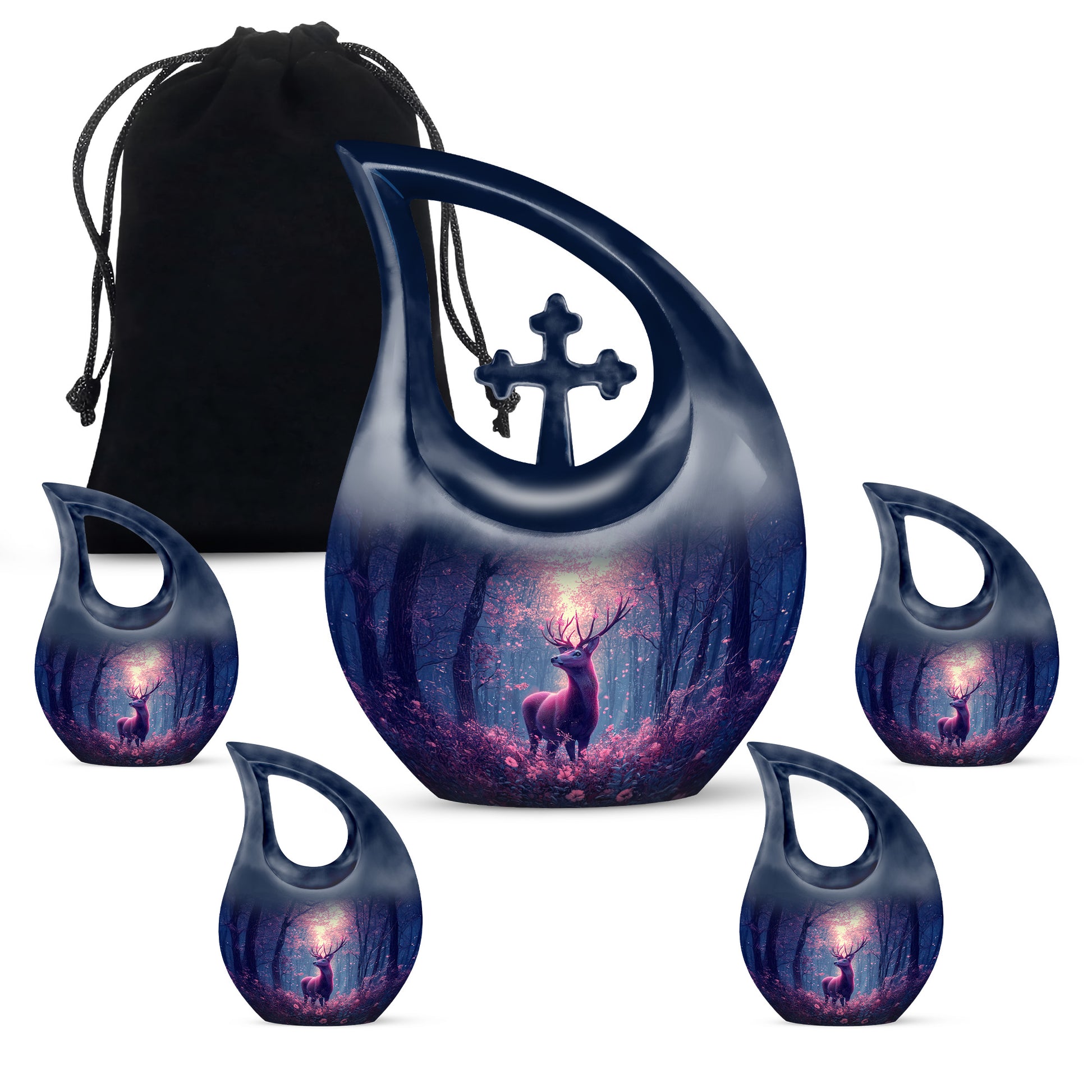 Cornflower Blue Deer Cremation Urn urn with complimentary velvet bag - faith-inspired cross-drop urn with deer pattern - memorial set with one large and four small urns