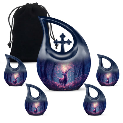 Cornflower Blue Deer Cremation Urn urn with complimentary velvet bag - faith-inspired cross-drop urn with deer pattern - memorial set with one large and four small urns