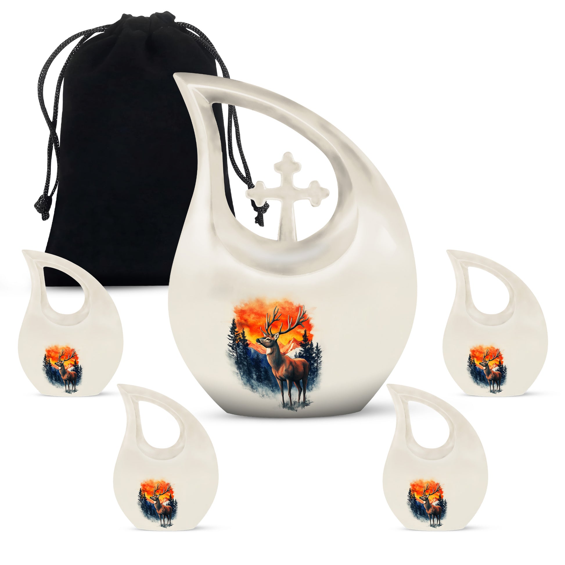 Brushed Silver Deer Cremation Urn urn with complimentary velvet bag - cross and deer combined in spiritual memorial design - memorial set with one large and four small urns
