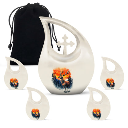Brushed Silver Deer Cremation Urn urn with complimentary velvet bag - cross and deer combined in spiritual memorial design - memorial set with one large and four small urns