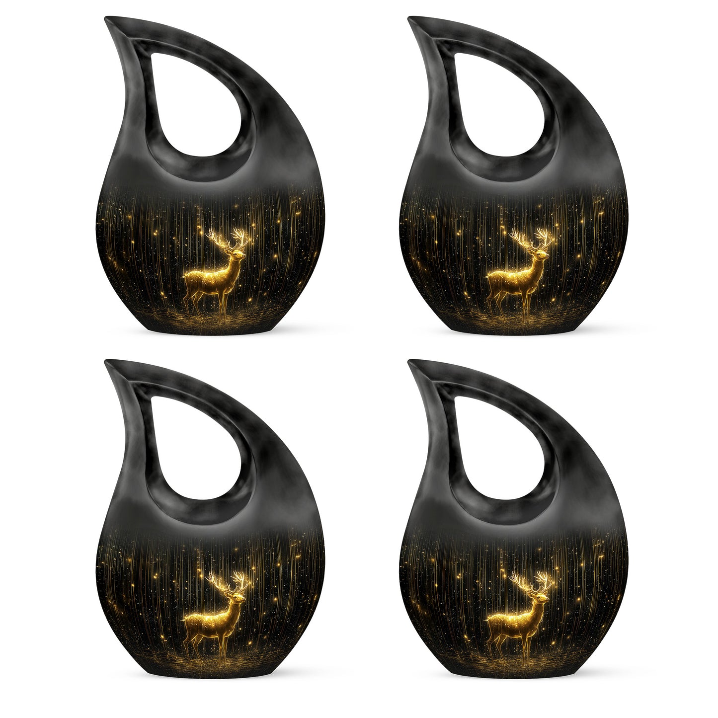 Ebony Deer Cremation Urn lifestyle display on memorial shelf - cross and deer combined in spiritual memorial design - 10 inch aluminum urn for cremated remains