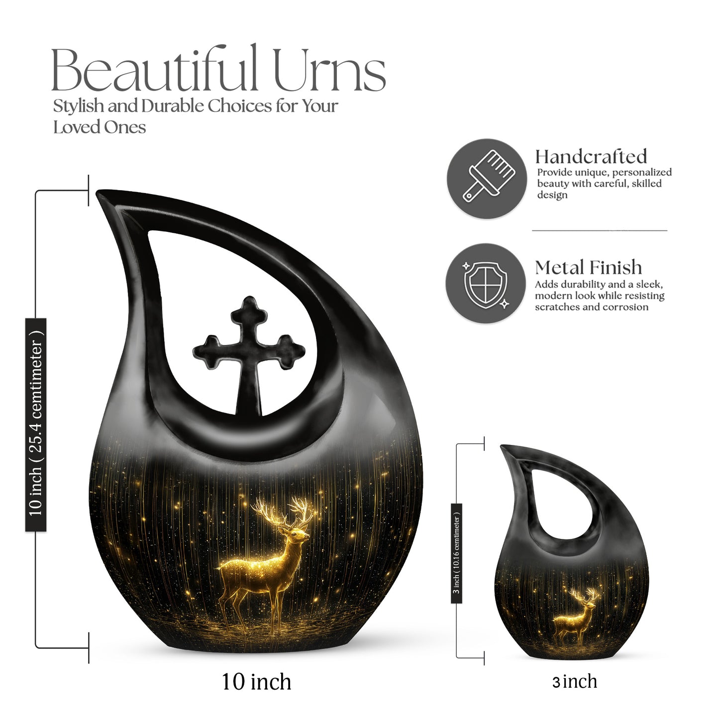 Dark Black Deer Cremation Urn back view with polished surface - faith-inspired cross-drop urn with deer pattern - mini keepsake memorial for portion of cremation ashes