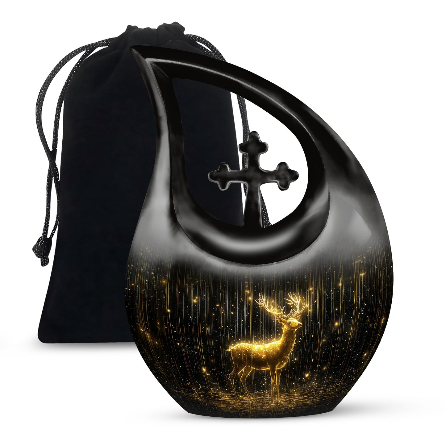 Dark Black Deer Cremation Urn top-down view of secure threaded lid - devotional cross-drop deer engraving - full-size 10 inch 200 cubic inch adult cremation urn