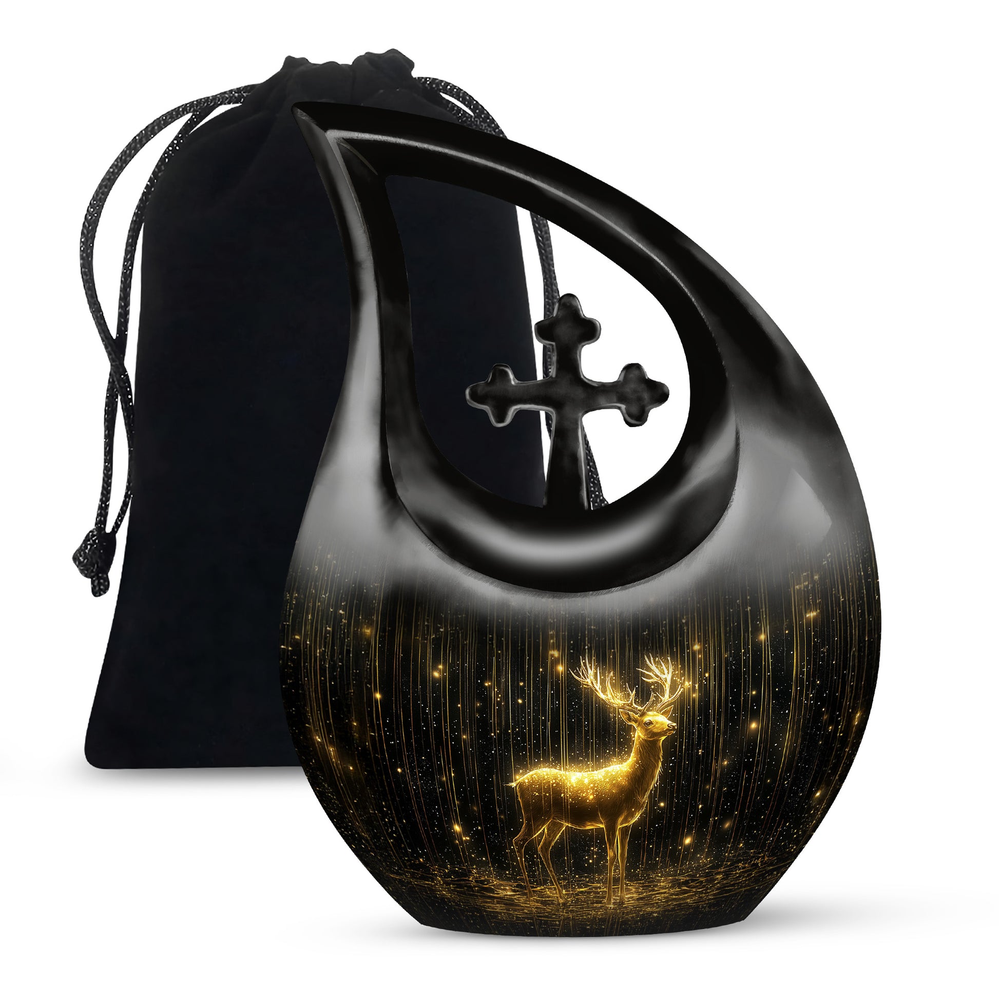 Dark Black Deer Cremation Urn top-down view of secure threaded lid - devotional cross-drop deer engraving - full-size 10 inch 200 cubic inch adult cremation urn