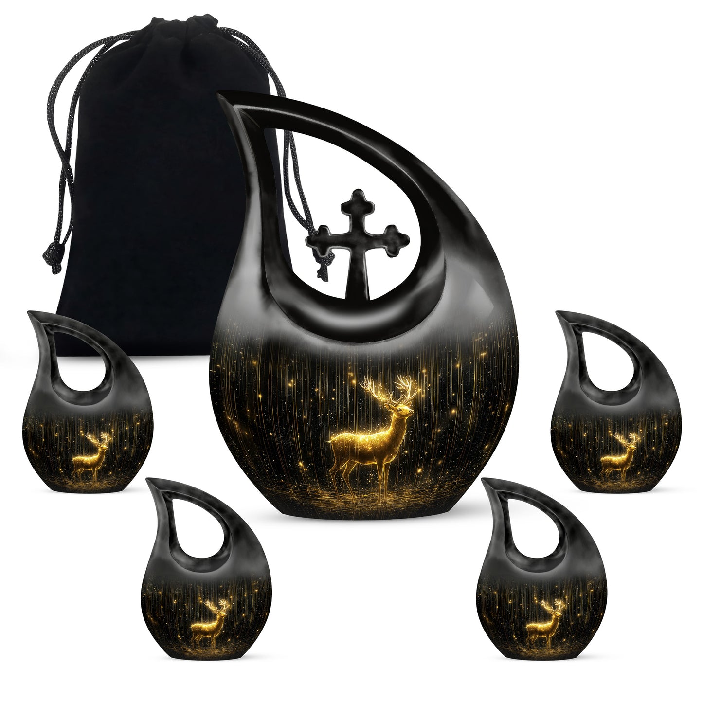 Charcoal Black Deer Cremation Urn urn with complimentary velvet bag - faith-inspired cross-drop urn with deer pattern - memorial set with one large and four small urns