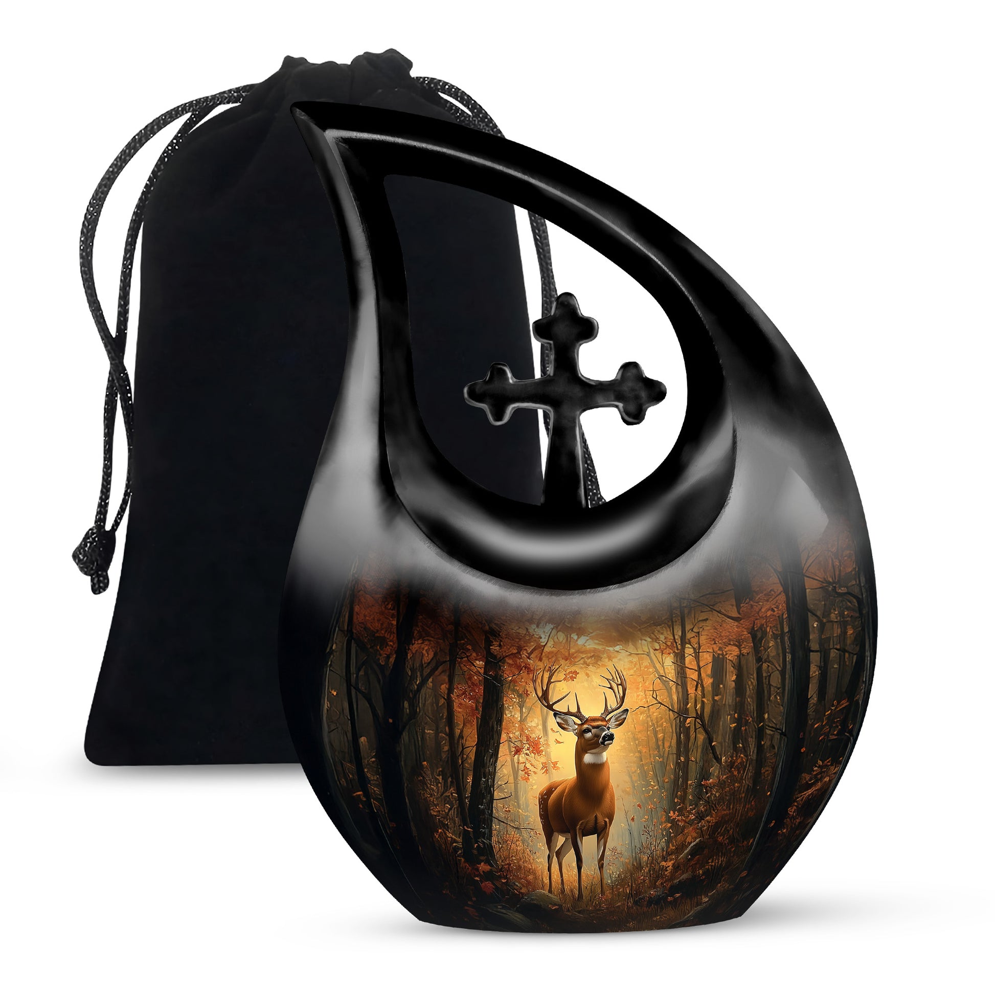 Warm Gold Deer Cremation Urn top-down view of secure threaded lid - faith-inspired cross-drop urn with deer pattern - full-size 10 inch 200 cubic inch adult cremation urn