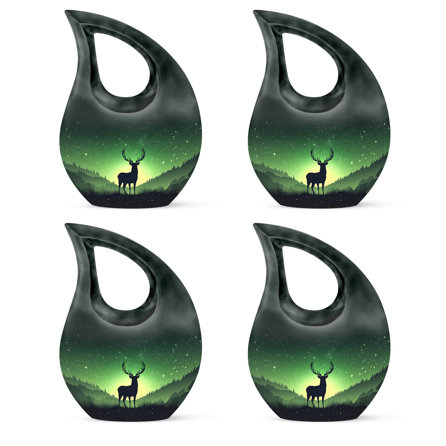 Sage Green Deer Cremation Urn lifestyle display on memorial shelf - cross and deer combined in spiritual memorial design - 10 inch aluminum urn for cremated remains
