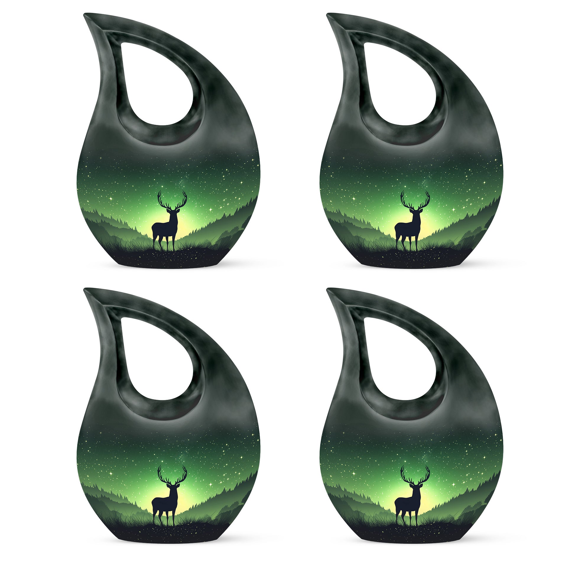 Sage Green Deer Cremation Urn lifestyle display on memorial shelf - cross and deer combined in spiritual memorial design - 10 inch aluminum urn for cremated remains