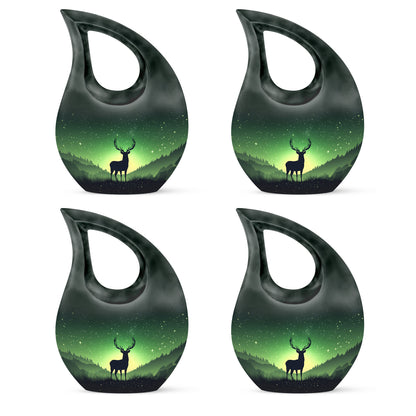 Sage Green Deer Cremation Urn lifestyle display on memorial shelf - cross and deer combined in spiritual memorial design - 10 inch aluminum urn for cremated remains